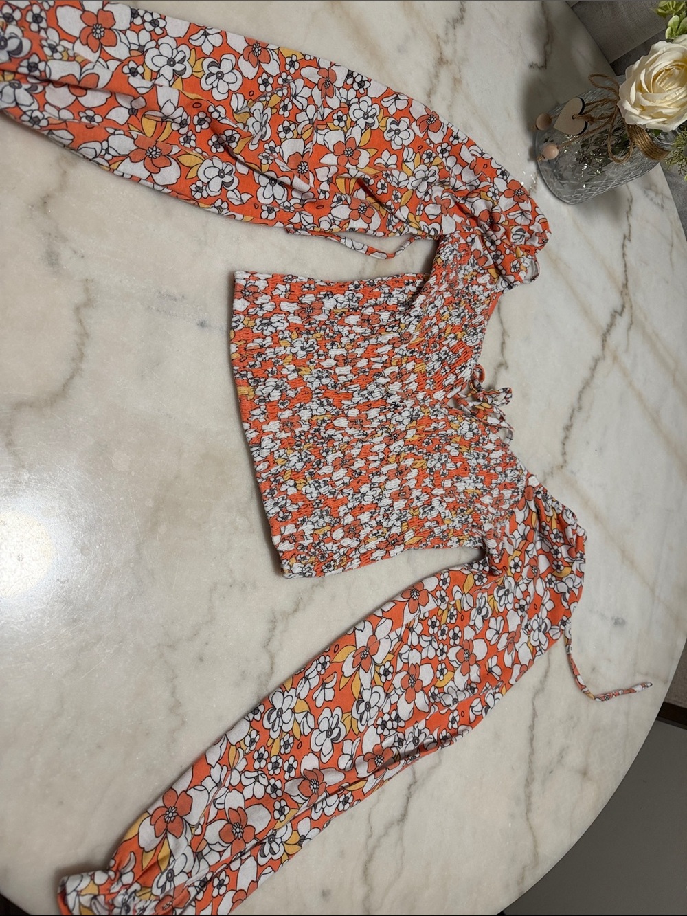 Smocked Orange Floral Puff-Sleeve Women's Blouse